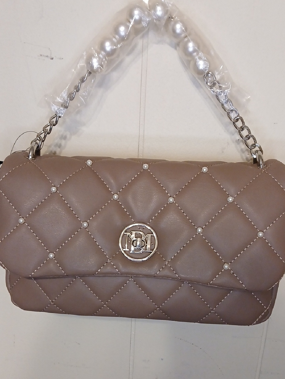 Badgley Mischka Quilted Pearl Accent Women's Shoulder Bag - Taupe